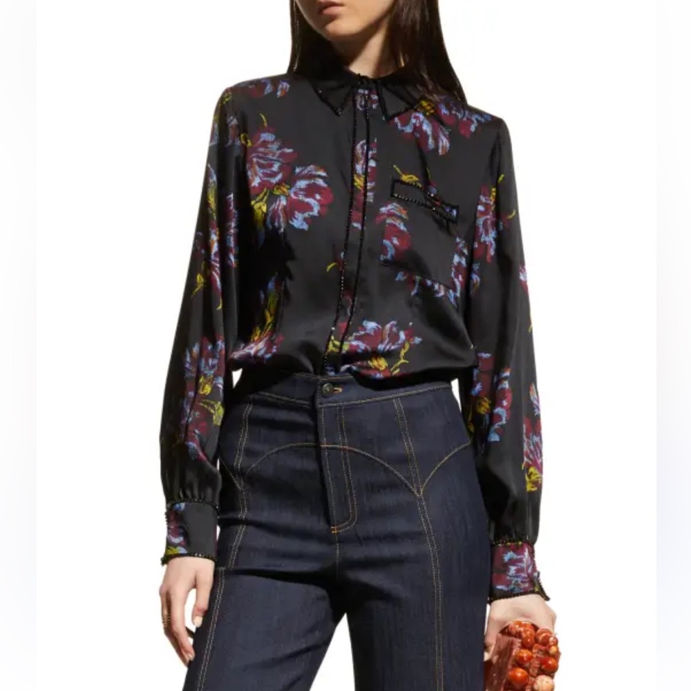 CINQ À SEPT Blanche Rhinestone Embellished Floral Print Blouse size M - Picture 2 of 9